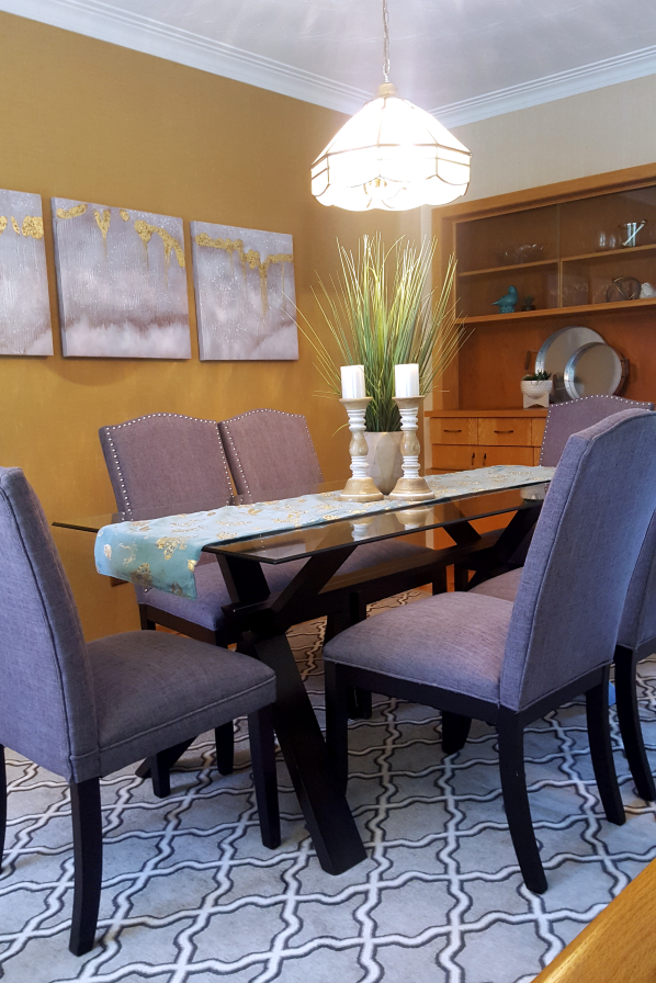 Staging century home, Etobicoke, dining area, glass dining table, seating for 6 people